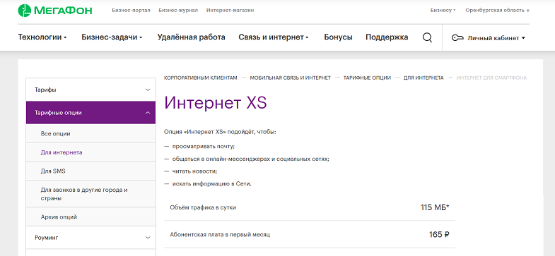 Бизнес-опция МегаФон "Интернет XS"
