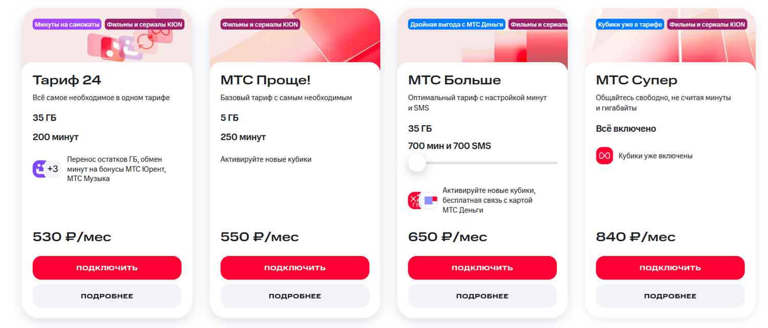 Основная линейка тарифов МТС